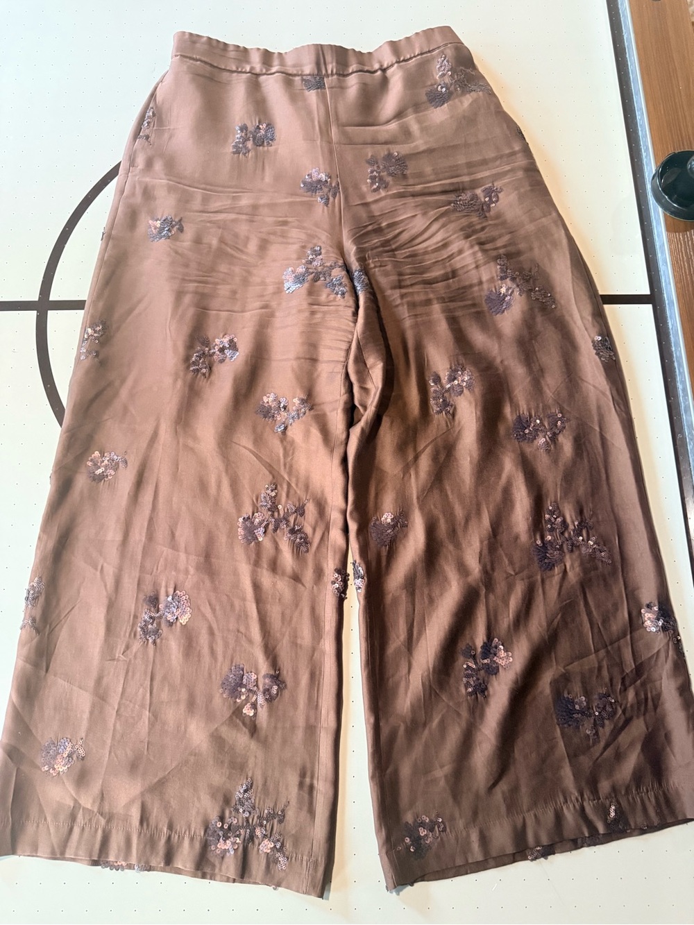 Worthington Brown Wide-Leg Floral Embroidered Pants